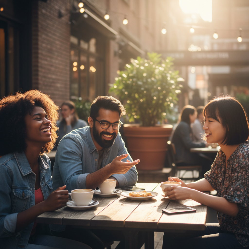 Group of friends chatting at a cafe